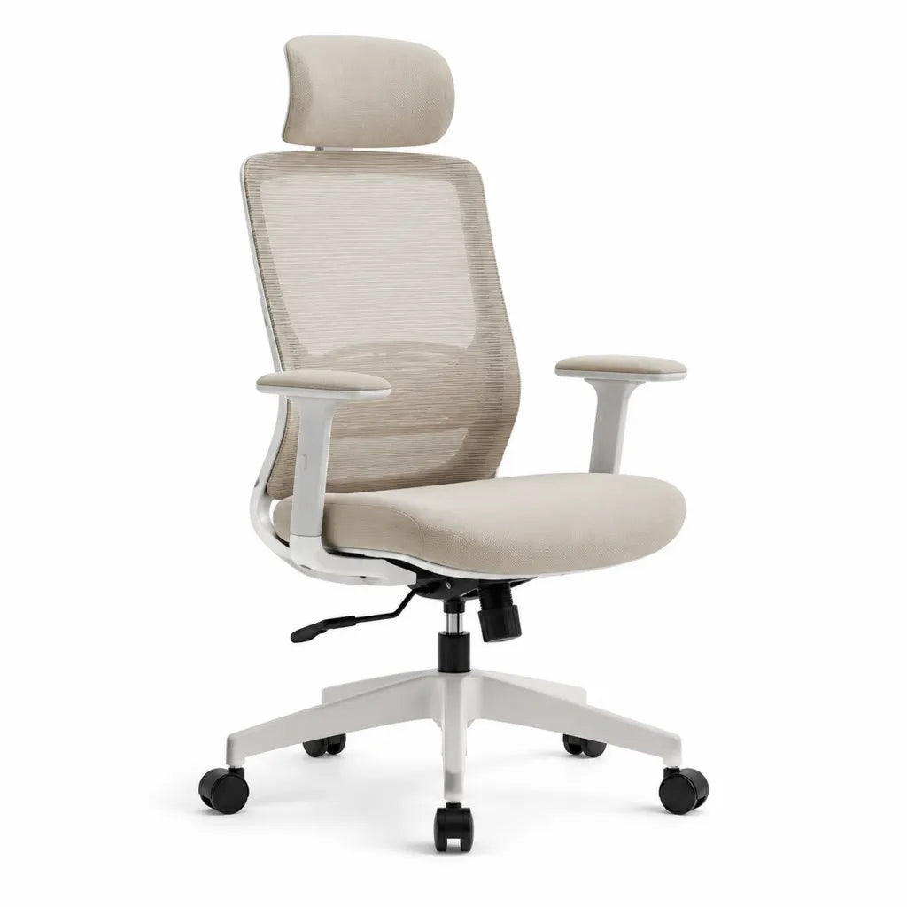Sedia da ufficio ergonomica girevole con poggiatesta schienale sagomato in rete di poliestere beige 65 x 65 x 115-125 cm