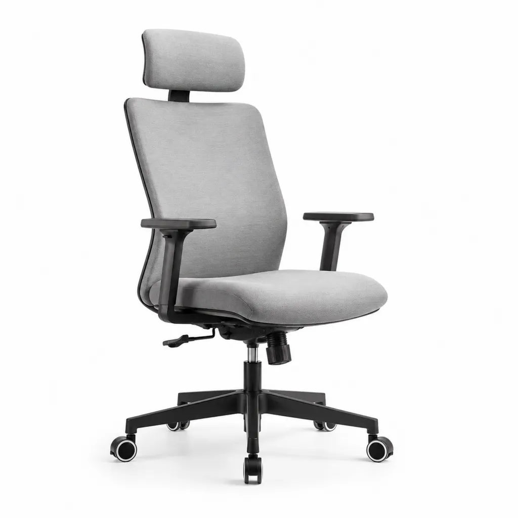Sedia da ufficio ergonomica girevole grigia in poliestere con poggiatesta e braccioli 65 x 65 x 116-126 cm