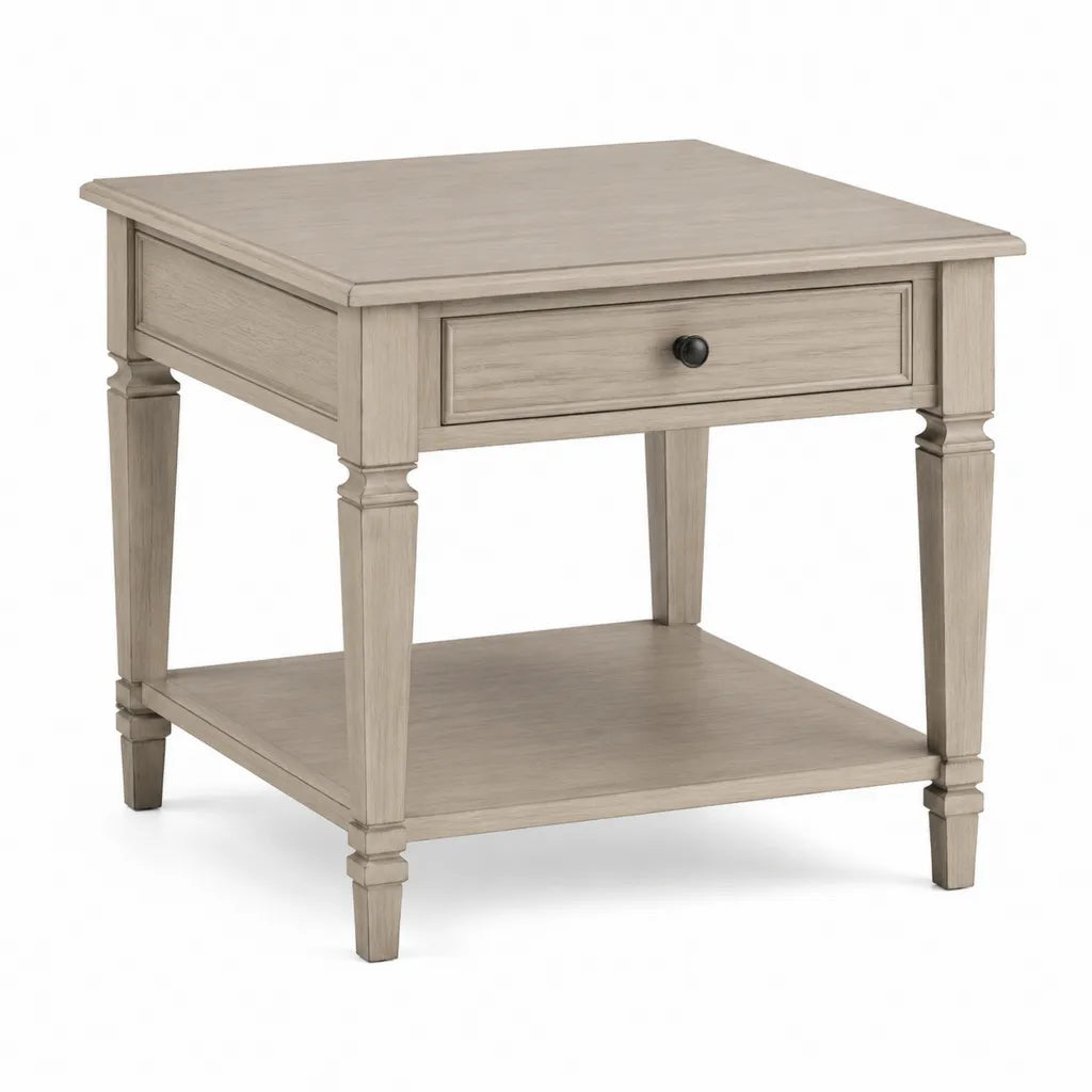 Tavolino laterale quadrato con cassetto e ripiano in legno massello beige 60 x 60 x 66 cm