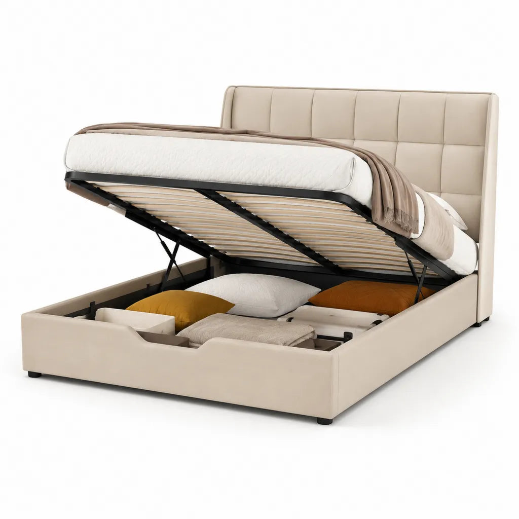 Letto contenitore matrimoniale 160 x 200 cm in similpelle PU beige con testiera imbottita