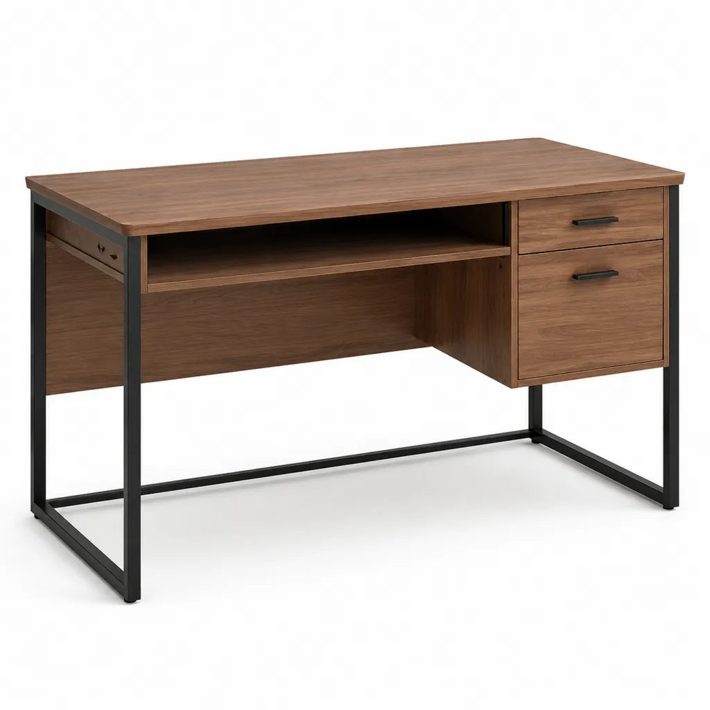 Scrivania ufficio rettangolare 120 x 60 x 75 cm in pannello truciolare noce con struttura in acciaio nero e 2 cassetti