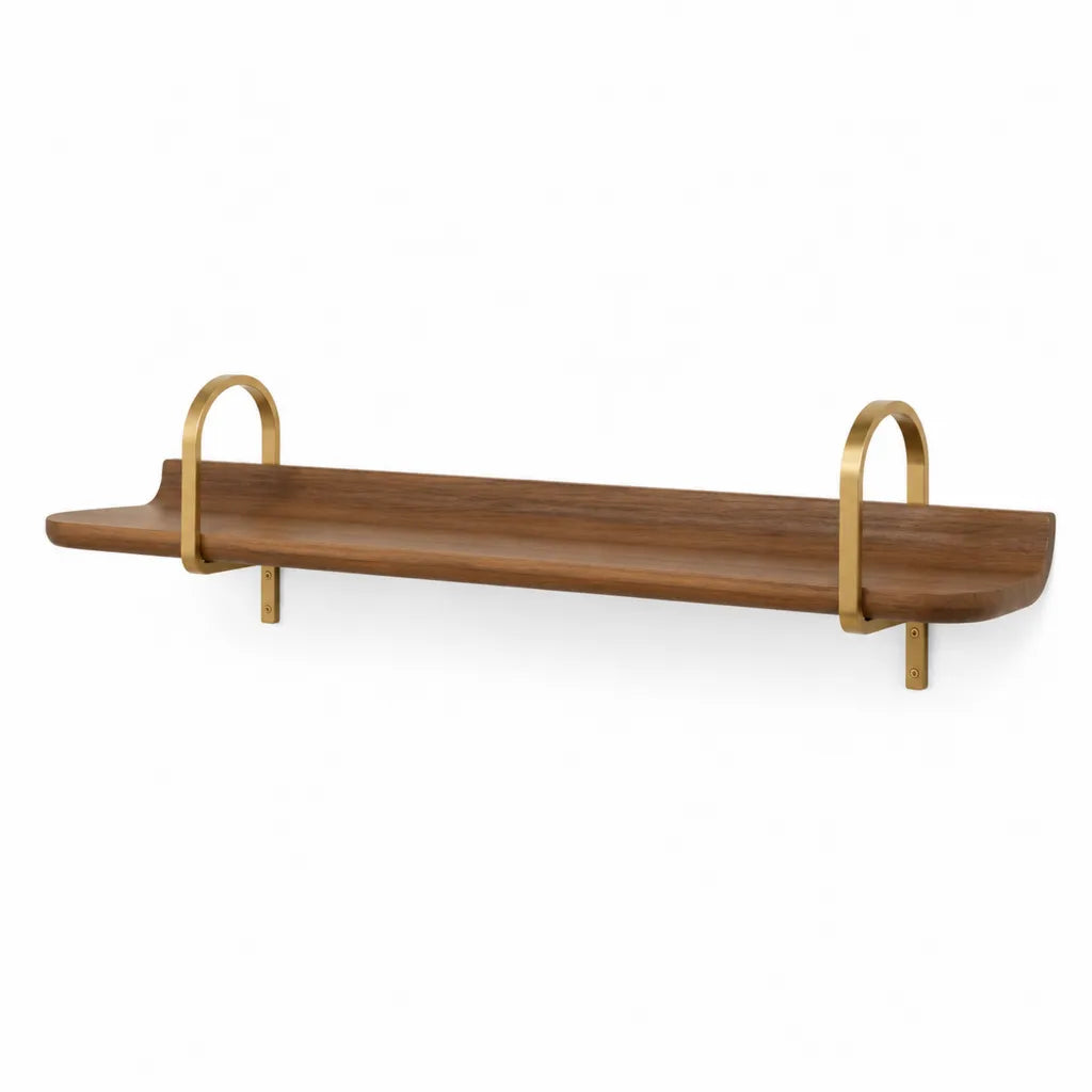 Mensola da parete in legno massello di noce con supporti in acciaio dorato 100 x 20 x 25 cm