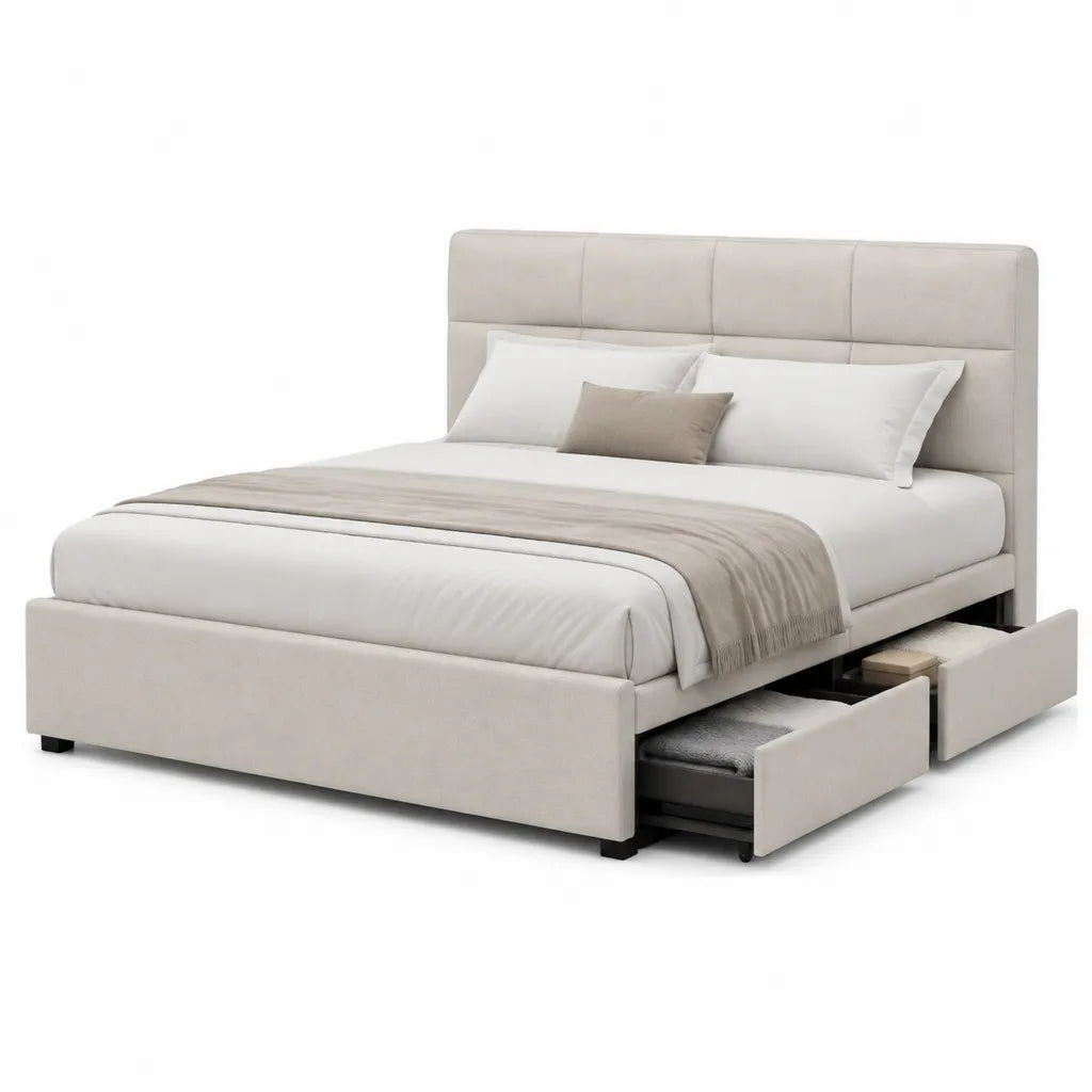 Letto contenitore matrimoniale 160 x 200 cm imbottito in poliestere beige rettangolare con 2 cassetti