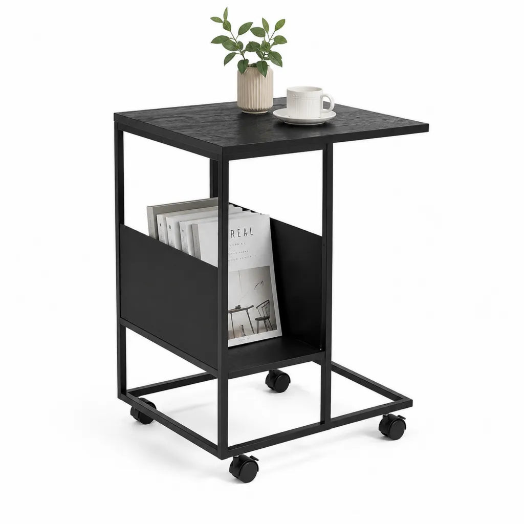 Tavolino laterale con ruote e portariviste rettangolare in acciaio e MDF nero 50 x 35 x 60 cm
