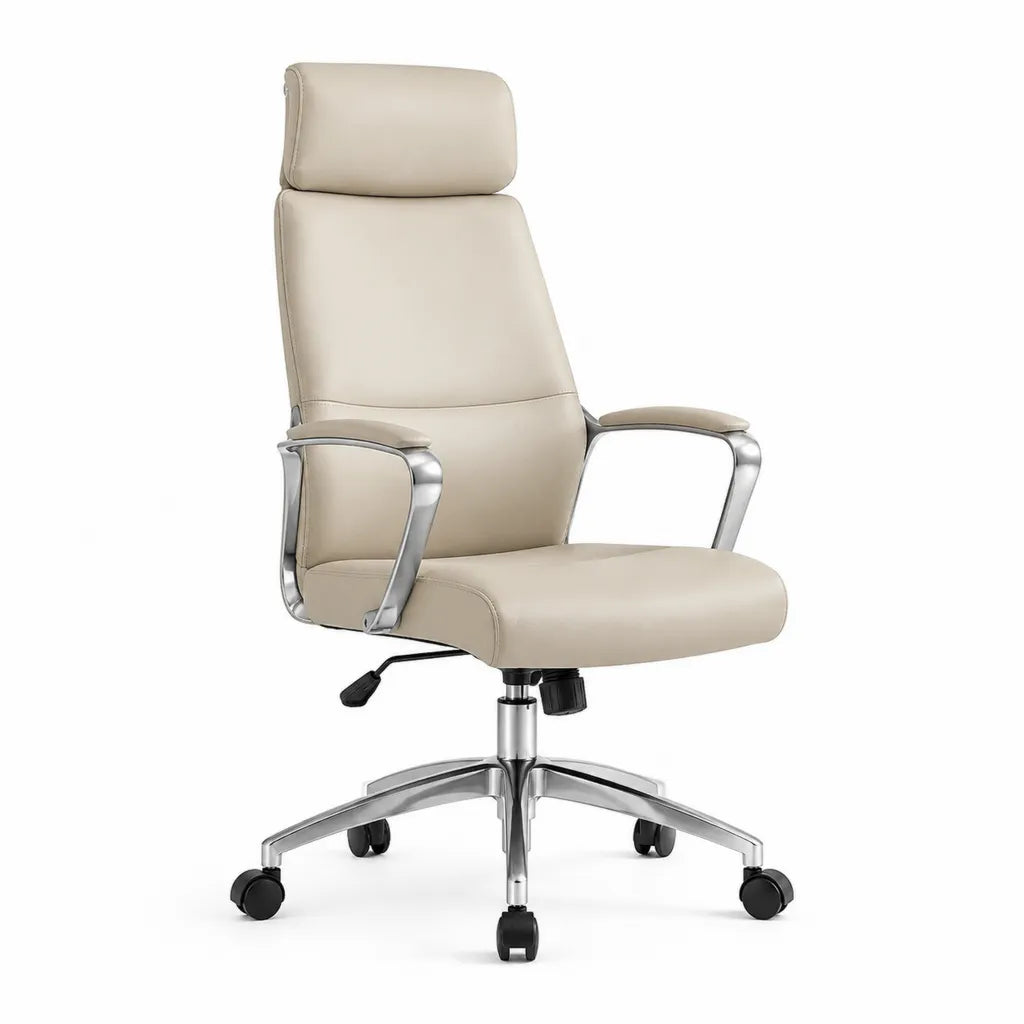Sedia da ufficio direzionale ergonomica in pelle PU beige con schienale alto e base girevole 65 x 68 x 118-128 cm
