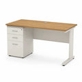 Scrivania ufficio rettangolare con cassettiera 3 cassetti 140 x 80 x 73 cm piano in truciolare nobilitato rovere struttura in acciaio bianco