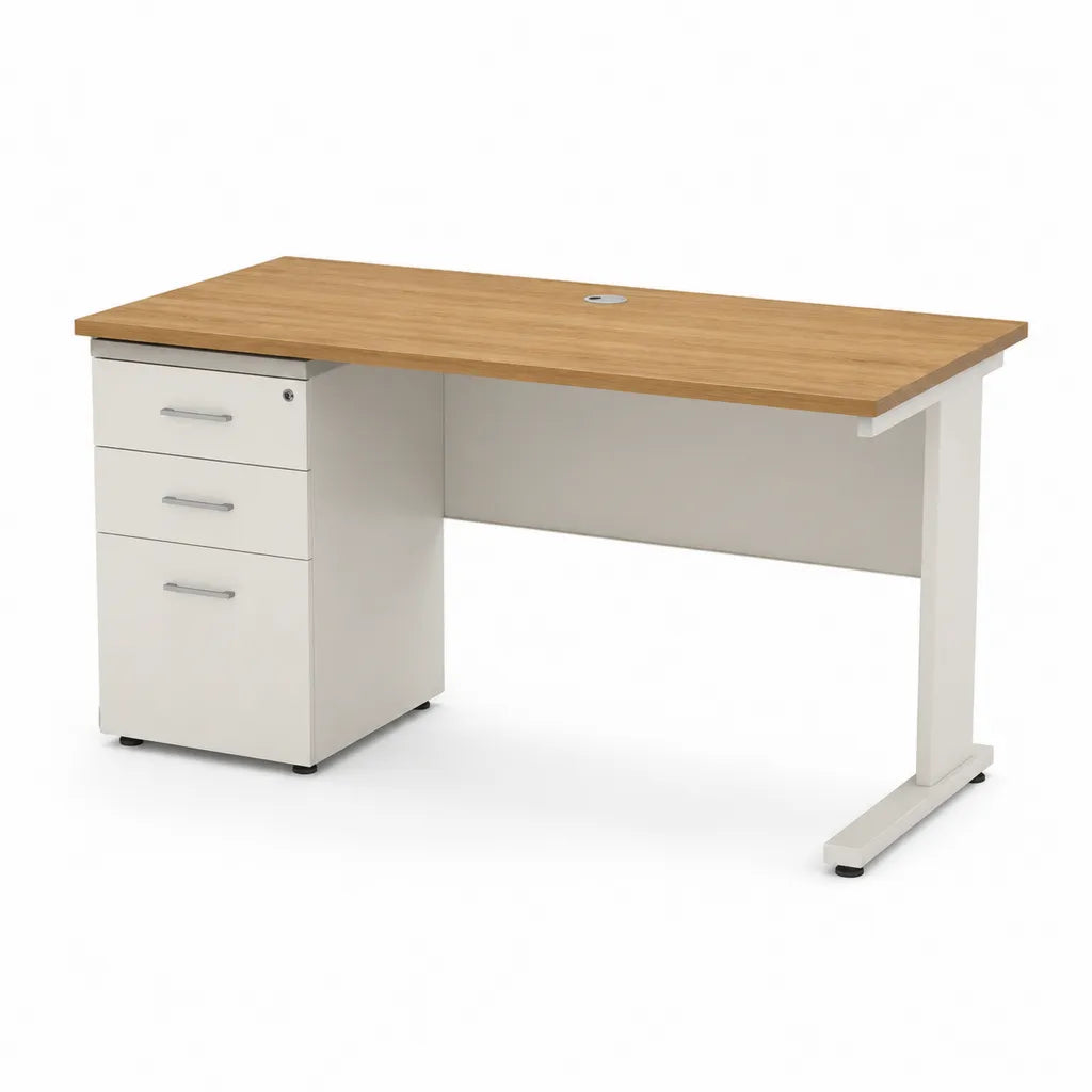 Scrivania ufficio rettangolare con cassettiera 3 cassetti 140 x 80 x 73 cm piano in truciolare nobilitato rovere struttura in acciaio bianco