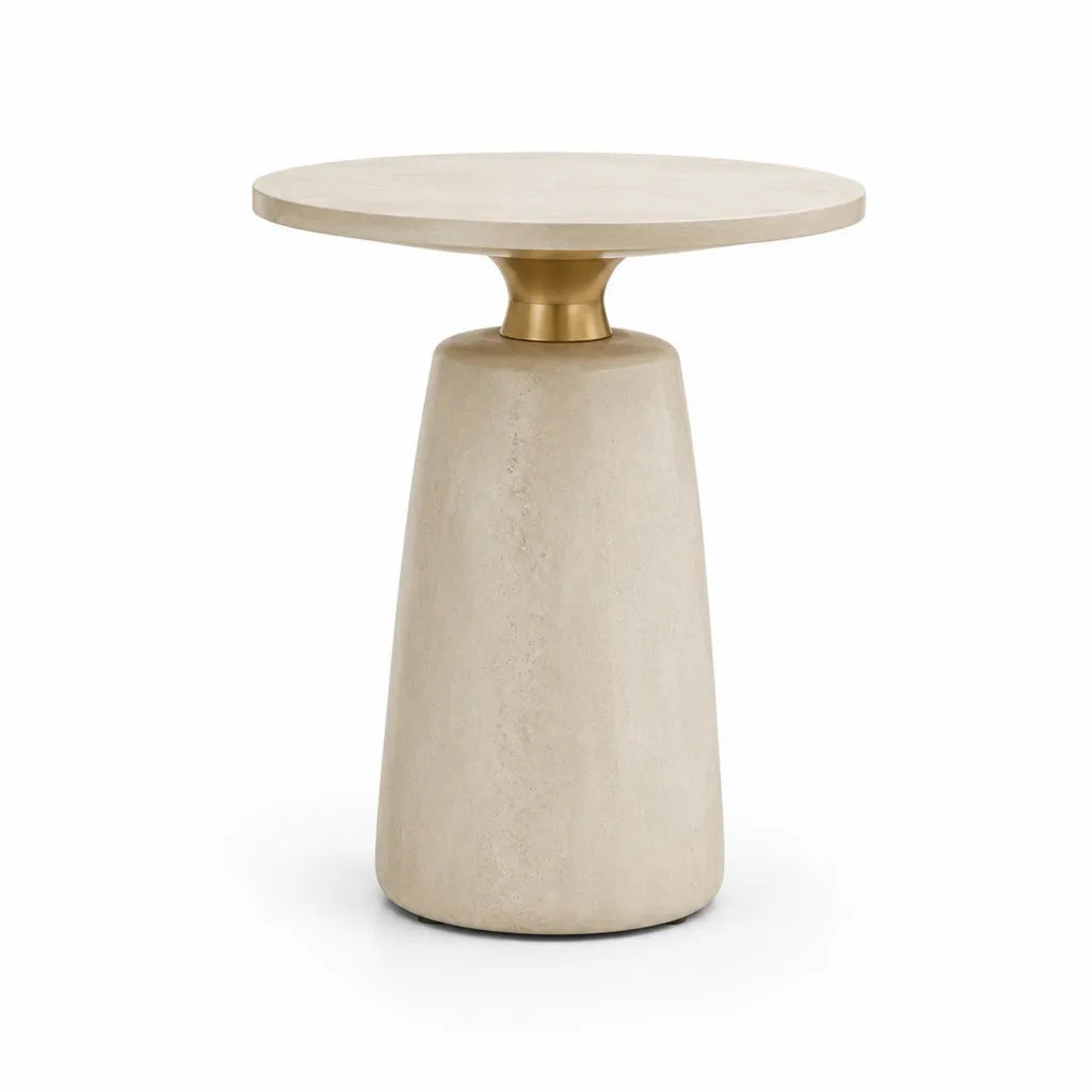 Tavolino laterale rotondo in pietra sinterizzata e acciaio Dia 50 x H 55 cm crema e oro