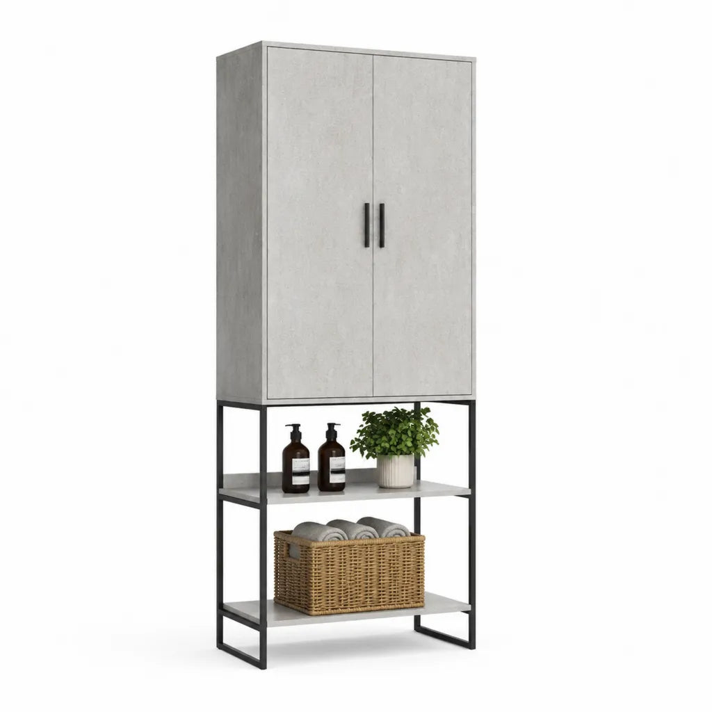 Armadio con scaffale 2 ante in truciolare melaminico effetto cemento e acciaio rettangolare grigio e nero 60 x 30 x 180 cm