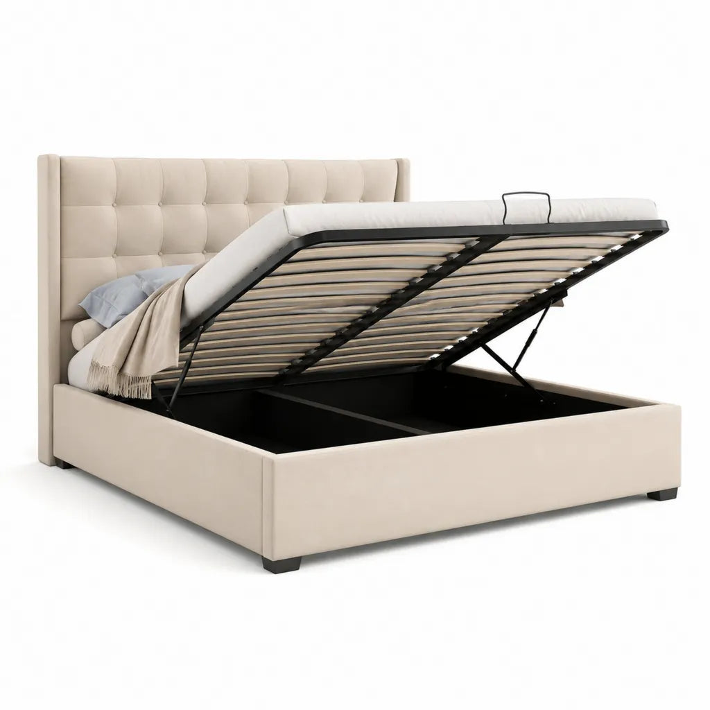 Letto contenitore matrimoniale imbottito 160 x 200 cm in velluto di poliestere beige rettangolare