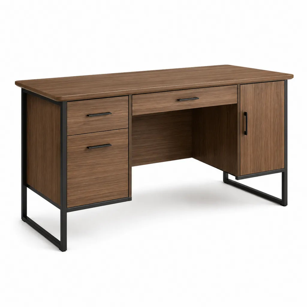 Scrivania da ufficio rettangolare 120 x 60 x 75 cm in truciolare melaminico noce e acciaio nero con 3 cassetti e anta