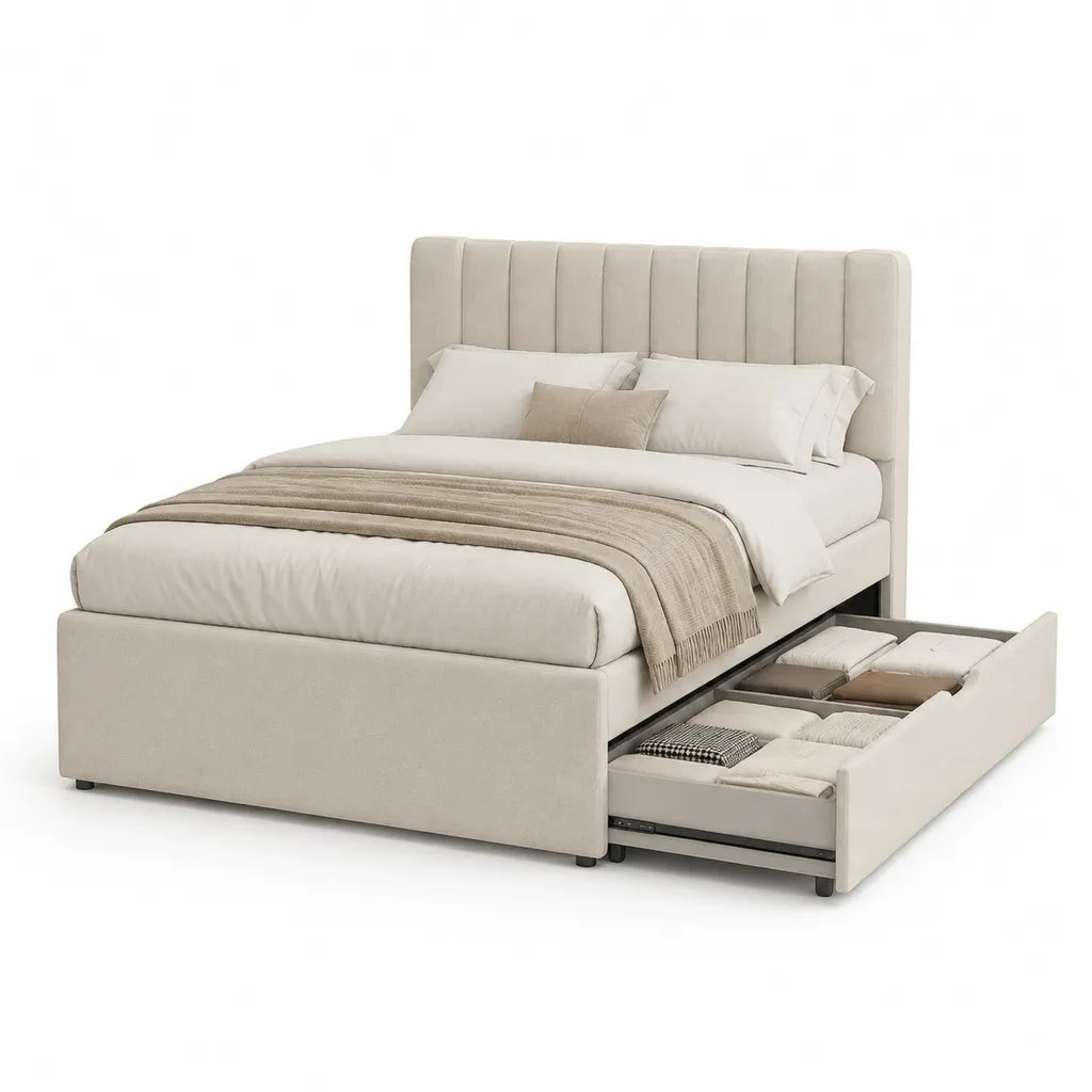 Letto matrimoniale contenitore con cassetto estraibile 160 x 200 cm in poliestere beige