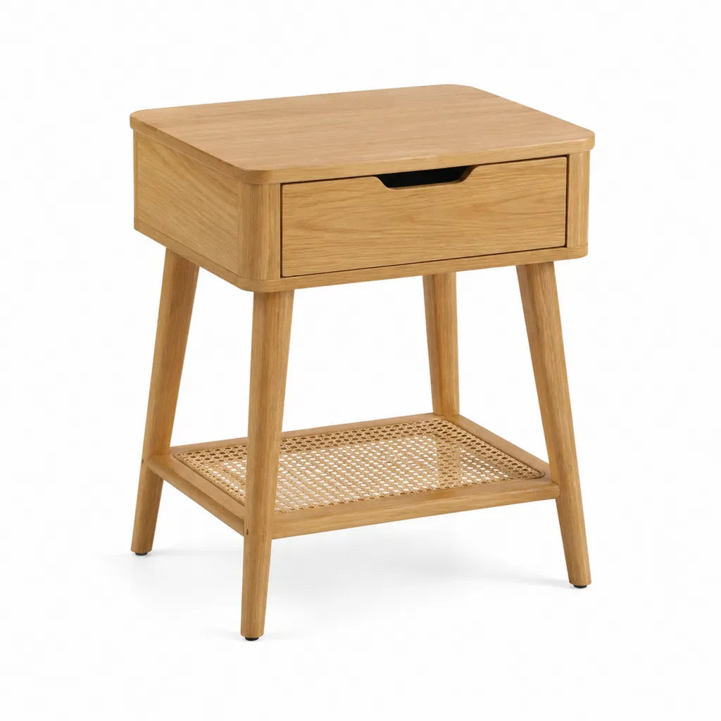 Tavolino laterale con cassetto e ripiano in rattan rovere naturale 50 x 40 x 65 cm